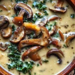 Wild Mushroom, Caramelized Onion and Kale Soup