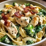 Chicken, Bacon & Spinach Alfredo Fettuccine with Broccoli