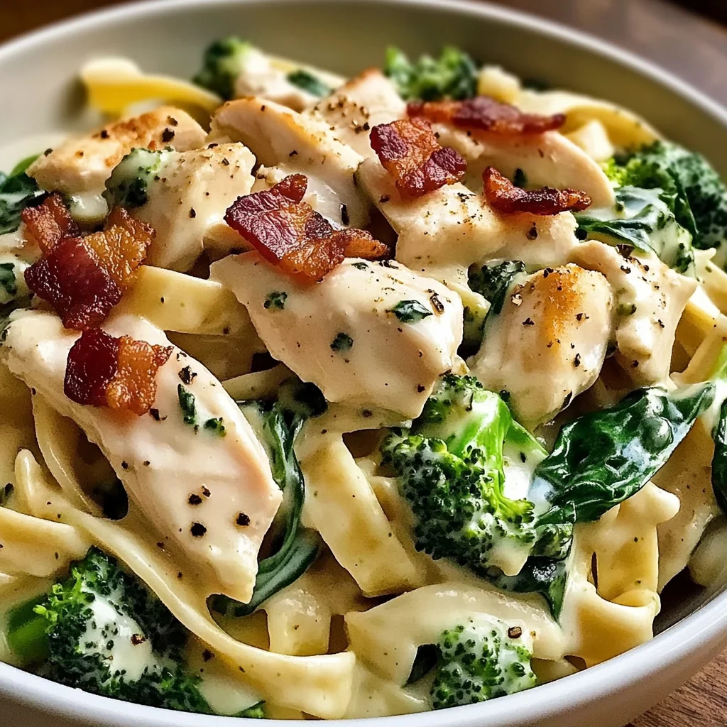 Chicken, Bacon & Spinach Alfredo Fettuccine with Broccoli