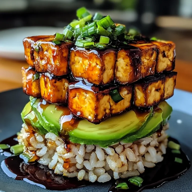Crispy Teriyaki Tofu and Avocado Rice Stack