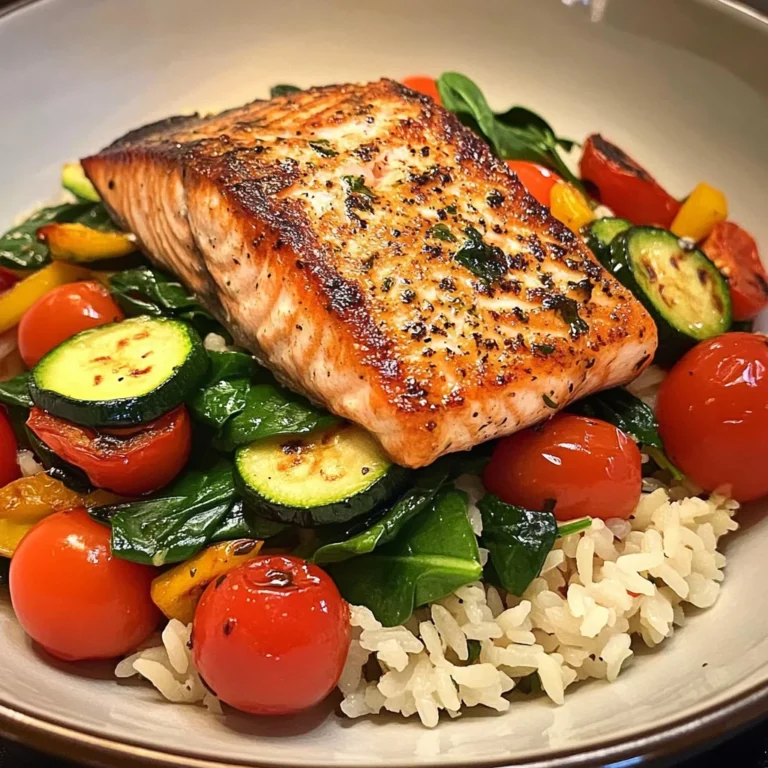 Pan-Seared Salmon on Garlic Veggie Rice Bowl